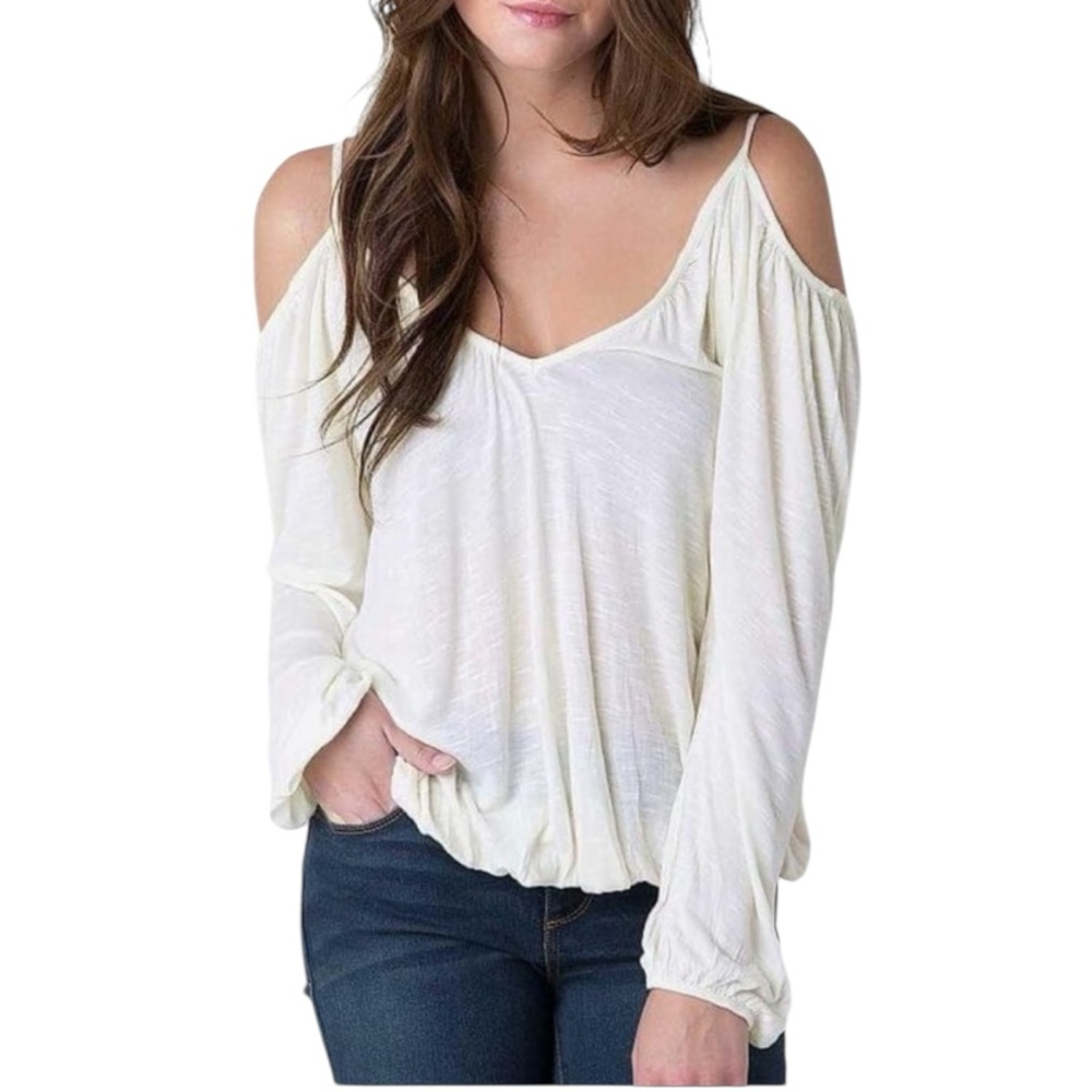 Free People Adelia Ivory Cold Shoulder V Neck Long Sleeve Slub Tee size XS